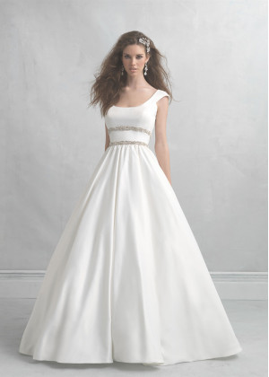 Ivory Satin Scoop Neckline Cap Sleeves V Back Beaded Wedding Dress